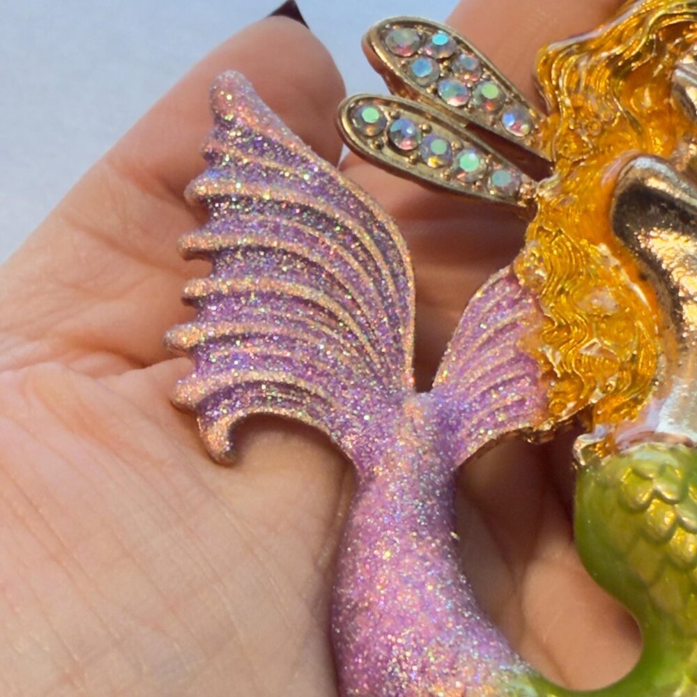 Mermaid FairyBrooch Pastel Color Enamel Fantasy Rhinestone Statement Pin – 3.25” - Picture 7 of 7